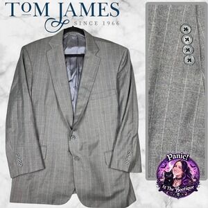 Tom James Executive Blazer Mens 44R Grey Wool Pinstripe Union Made USA Classic